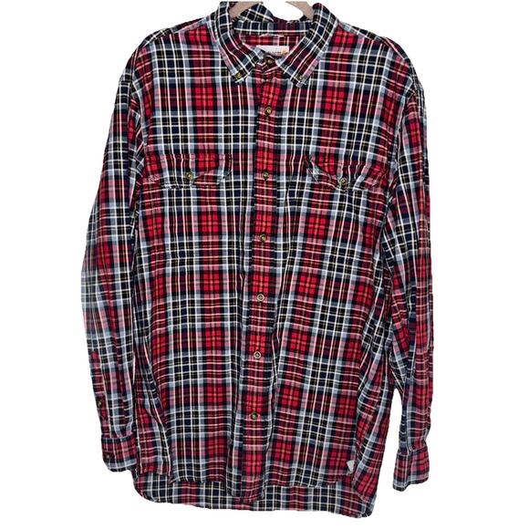 Carhartt Shirt Mens Sz Large Red & Black Plaid Long Sleeve Button Down Cotton - Picture 1 of 8
